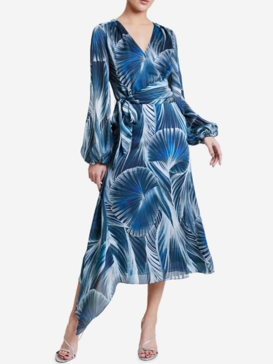Santorelli Dresses & Skirts - Santorelli Blue Palm Print Long Sleeve Wrap Dress Italian Size 48